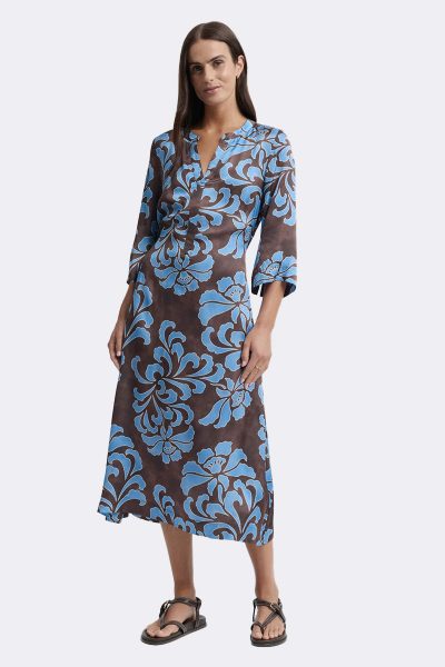 Wide Sleeve Print Midi Dress Blue Brown Ytwn9683 CC37344 front